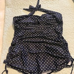 Retro style bathing suit polka dots , navy blue , turquoise dots size Large